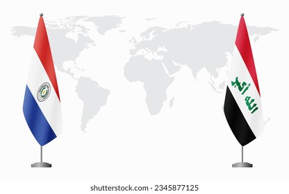 Paraguay and Iraq flags for official meeting against background of world map.