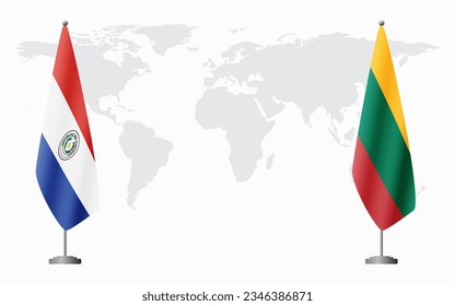 Paraguay and Lithuania flags for official meeting against background of world map.