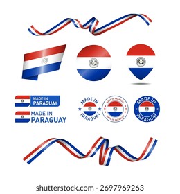 Paraguay hecho en logo. Conjunto de banderas de diseño icono de etiqueta, rayas, cintas