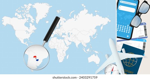 Paraguay is magnified over a World Map, illustration with airplane, passport, boarding pass, compass and eyeglasses. Vector illustration.