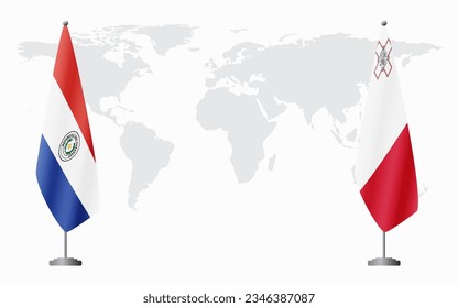 Paraguay and Malta flags for official meeting against background of world map.