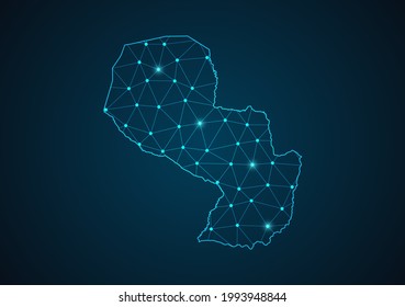 Paraguay map Abstract mash line and point scales on dark background. Wire Frame 3D mesh polygonal network line. Network line, design sphere, dot and structure vector.