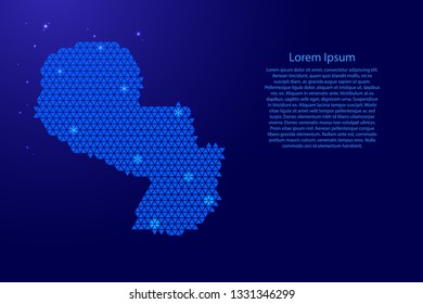Paraguay map abstract schematic from blue triangles repeating pattern geometric background with nodes and space stars for banner, poster, greeting card. Vector illustration.