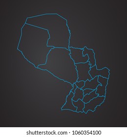  Paraguay map: blue glitter outline with sparkling stars on dark background. Detailed map of  Paraguay. Vector illustration.
