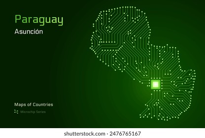 Paraguay Map with a capital of Asuncion Shown in a Microchip Pattern with processor. E-government. World Countries vector maps. Microchip Series	