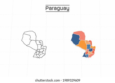 Paraguay map city vector divided by colorful outline simplicity style. Have 2 versions, black thin line version and colorful version. Both map were on the white background.