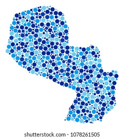 Paraguay Map collage of filled circles in variable sizes and blue color tones. Scattered round elements are grouped into Paraguay Map mosaic. Vector geography blue map vector illustration.