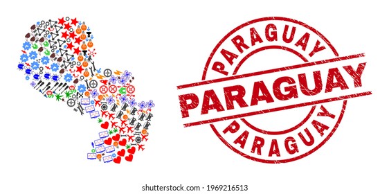 Paraguay map collage and rubber Paraguay red circle badge. Paraguay badge uses vector lines and arcs. Paraguay map collage includes gears, houses, screwdrivers, suns, wine glasses,