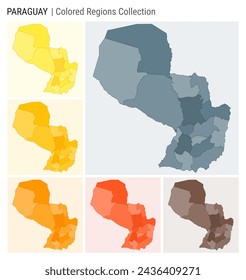 Paraguay map collection. Country shape with colored regions. Blue Grey, Yellow, Amber, Orange, Deep Orange, Brown color palettes. Border of Paraguay with provinces for your infographic.