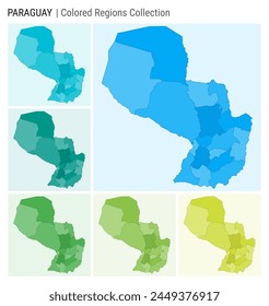 Paraguay map collection. Country shape with colored regions. Light Blue, Cyan, Teal, Green, Light Green, Lime color palettes. Border of Paraguay with provinces for your infographic.