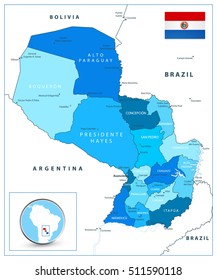 Paraguay map in colors of blue. Highly detailed vector illustration.