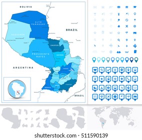 Paraguay map in colors of blue and navigation icon set. All elements are separated in editable layers and clearly labeled.