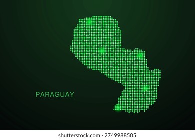 Paraguay Map - Digital dotted map with glowing green points on dark background, modern technology style, abstract data network design, clean minimal geometric vector illustration.