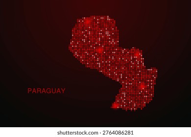 Paraguay Map - Digital dotted map with glowing red points on dark background, modern technology style, abstract data network design, clean minimal vector illustration.
