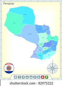 Mapa de Paraguay con botones de bandera y asistencia y activa iconos Iconos Ilustración original