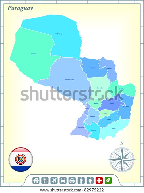 Paraguay Map with Flag Buttons and\
Assistance & Activates Icons Original\
Illustration