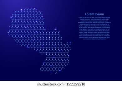 Paraguay map from futuristic hexagonal shapes, lines, points  blue and glowing stars in nodes, form of honeycomb or molecular structure for banner, poster, greeting card. Vector illustration.