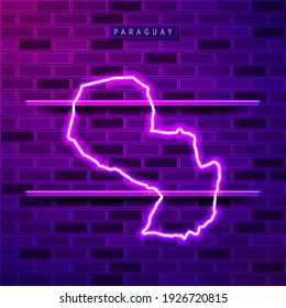 Paraguay map glowing neon lamp sign. Realistic vector illustration. Country name plate. Purple brick wall, violet glow, metal holders.
