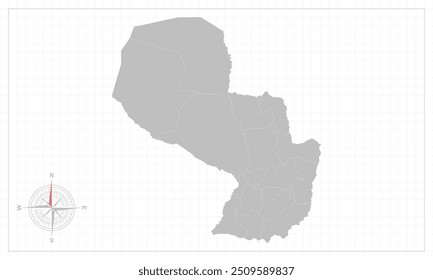 Mapa de Paraguay con estilo gris y elemento compás.