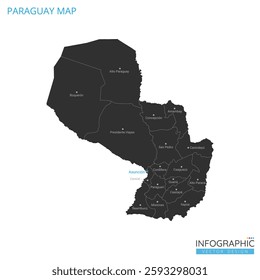 Paraguay map high detailed with administrative divide by state, capital cities names, outline simplicity style. Vector illustration EPS10.