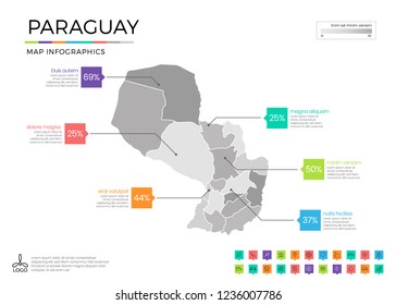 Paraguay  map infographics with editable separated layers, zones, elements and district area in vector