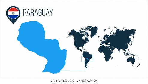 Paraguay map located on a world map with flag and map pointer or pin. Infographic map. Vector illustration isolated on white background.