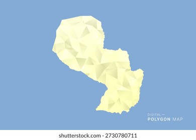 Mapa de Paraguay en estilo de Vector de polígono bajo, ilustración de forma geométrica con tonos amarillos suaves sobre fondo azul, silueta limpia para infografía.