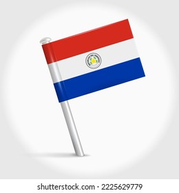 Paraguay map pin flag icon. Paraguayan pennant map marker on a metal needle. 3D realistic vector illustration.