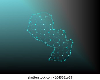 Paraguay map of polygonal mosaic lines network, Rays and space stars, Abstract Polygon Map. Low Poly Color Rainbow. Vector Illustration EPS10.
