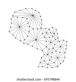 Paraguay map of polygonal mosaic lines network, rays and dots vector illustration.