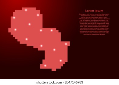 Paraguay map silhouette from red square pixels and glowing stars. Vector illustration.