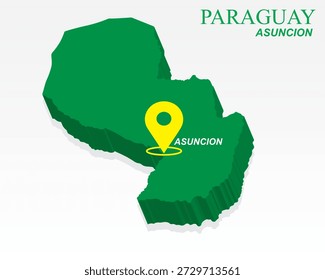 Paraguay Map Vektor, Asuncion Capital City Marker auf Green 3D Country Shape, Paraguay Infografik Design, bearbeitbare Zielzeiger Paraguay Geografie