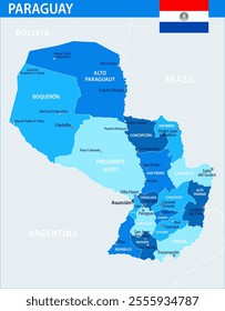 Paraguay Map Vector Blue Spot - Customizable layered political map of Paraguay with administrative divisions for website, education, reports, news, politics, print, poster and wallpaper