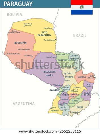 Paraguay Map Vector New 2024 Colorful - Customizable layered political map of Paraguay with administrative divisions for website, education, reports, news, politics, print, poster and wallpaper