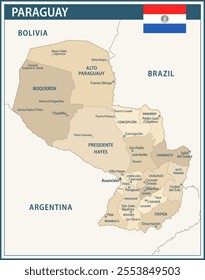 Paraguay Map Vector Vintage Dark Blue Beige - Customizable layered political map of Paraguay with administrative divisions for website, education, reports, news, politics, print, poster and wallpaper