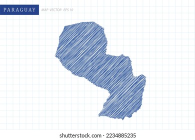 Mapa de Paraguay - Mapa Mundial Plantilla vectorial Internacional con esquema azul gráfico y dibujo de lápiz estilo aislado en fondo de cuadrícula blanca para el diseño, sitio web - Ilustración vectorial eps 10