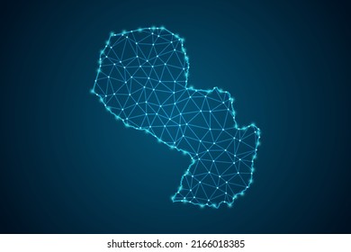 Mapa Paraguay - Línea de máscaras del Mapa Mundial y escalas puntuales sobre fondo de tecnología azul. Malla 3D del marco de cables línea de red poligonal, esfera de diseño, punto y estructura - Ilustración vectorial eps 10