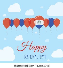 Paraguay National Day Flat Patriotic Poster. Row of Balloons in Colors of the Paraguayan flag. Happy National Day Paraguay Card with Flags, Balloons, Clouds and Sky.