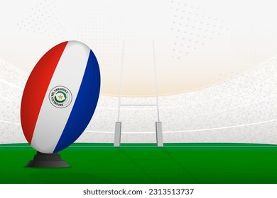 Paraguay national team rugby ball on rugby stadium and goal posts, preparing for a penalty or free kick. Vector illustration.