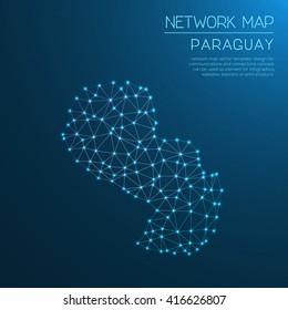 Paraguay network map. Abstract polygonal Paraguay network map design with glowing dots and lines. Map of Paraguay networks. Vector illustration.