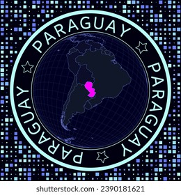 Paraguay on globe vector. Futuristic satelite view of the world centered to Paraguay. Geographical illustration with shape of country and squares background. Bright neon colors on dark background.