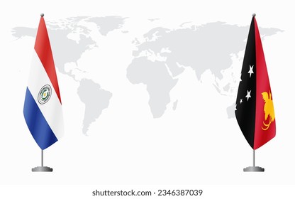 Paraguay and Papua New Guinea flags for official meeting against background of world map.