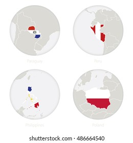 Paraguay, Peru, Philippines, Poland map contour and national flag in a circle. Vector Illustration.