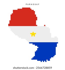 Paraguay pixel flag map icon. 8 bit pixel art Paraguayan map covered with flag. Flat vector illustration isolated on white background.