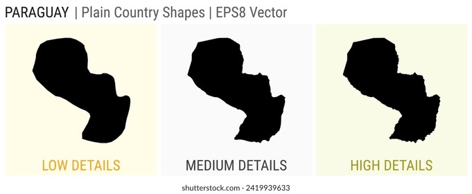 Paraguay - plain country shape. Low, medium and high detailed maps of Paraguay. EPS8 Vector illustration.