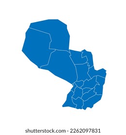 Paraguay political map of administrative divisions - departments and capital district. Solid blue blank vector map with white borders.