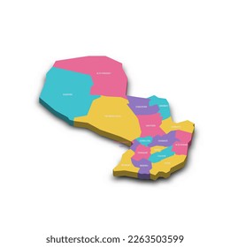 Paraguay political map of administrative divisions - departments and capital district. Colorful 3D vector map with dropped shadow and country name labels.