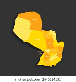 Paraguay political map of administrative divisions - departments and capital district. Yellow shade flat vector map with name labels and dropped shadow isolated on dark grey background.