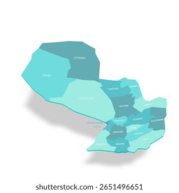 Mapa político paraguaio das divisões administrativas - departamentos e distrito da capital. Mapa de vetor turquesa 3D com rótulos de nome.