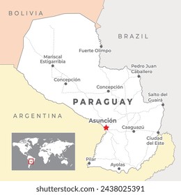 Paraguay Political Map with capital Asuncion, most important cities and national borders